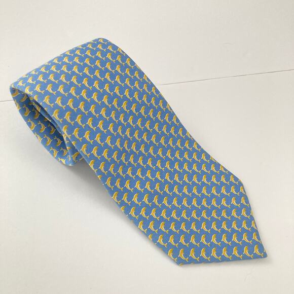 Lot of 3 Yellow & Blue 100% Silk Nautical Themed Ties Preppy Crab Dolphin Vines - Picture 12 of 15